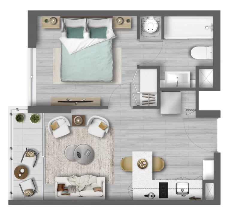 Planta del departamento de 1 dormitorio y 1 baño