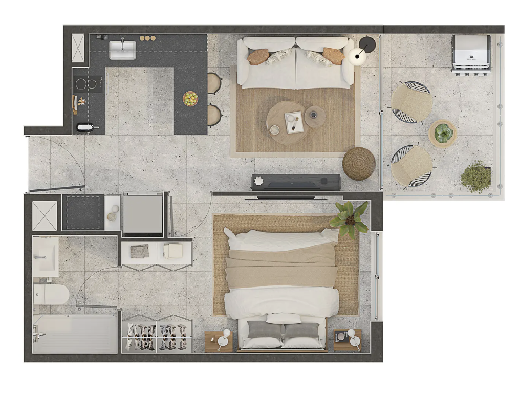 Planta del departamento de 1 dormitorio y 1 baño